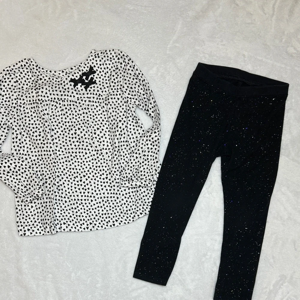 EUC Pink Knit Jacket, heart print top with Black sparkle Leggings 24mo